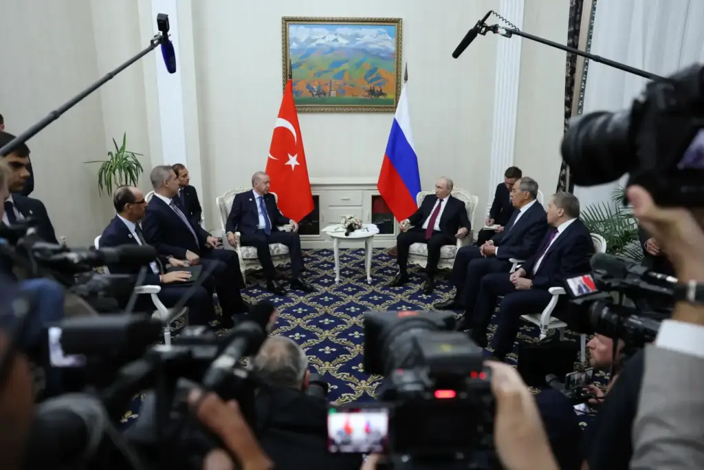 Turkish President Tayyip Erdogan meets with Russian President Vladimir Putin on the sidelines of the