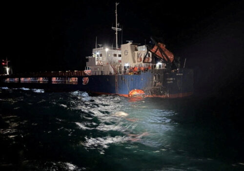A View Shows A Vessel That Was Hit By A Drone In The Black Sea